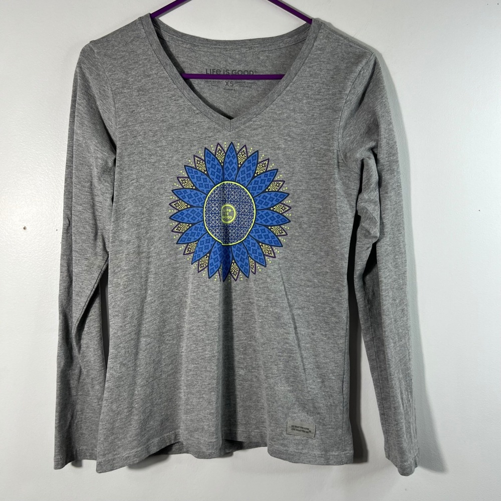Womens Life is Good Sunflower Mandala Crusher Tee Shirt Gray Blue XS